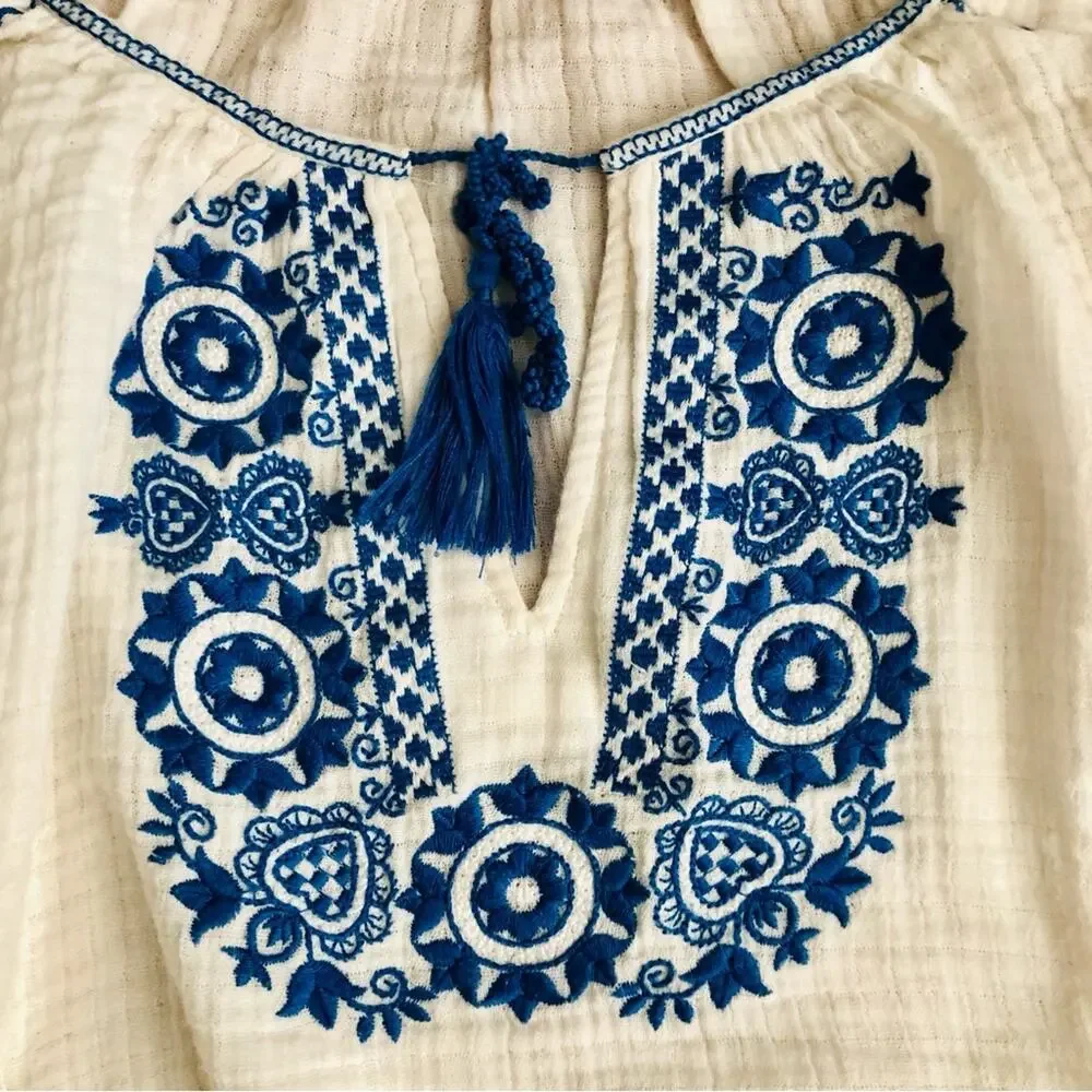 J.CREW Resort Boho Cotton 3/4 Sleeves Embroidered White Blue Top Women’s Size XS